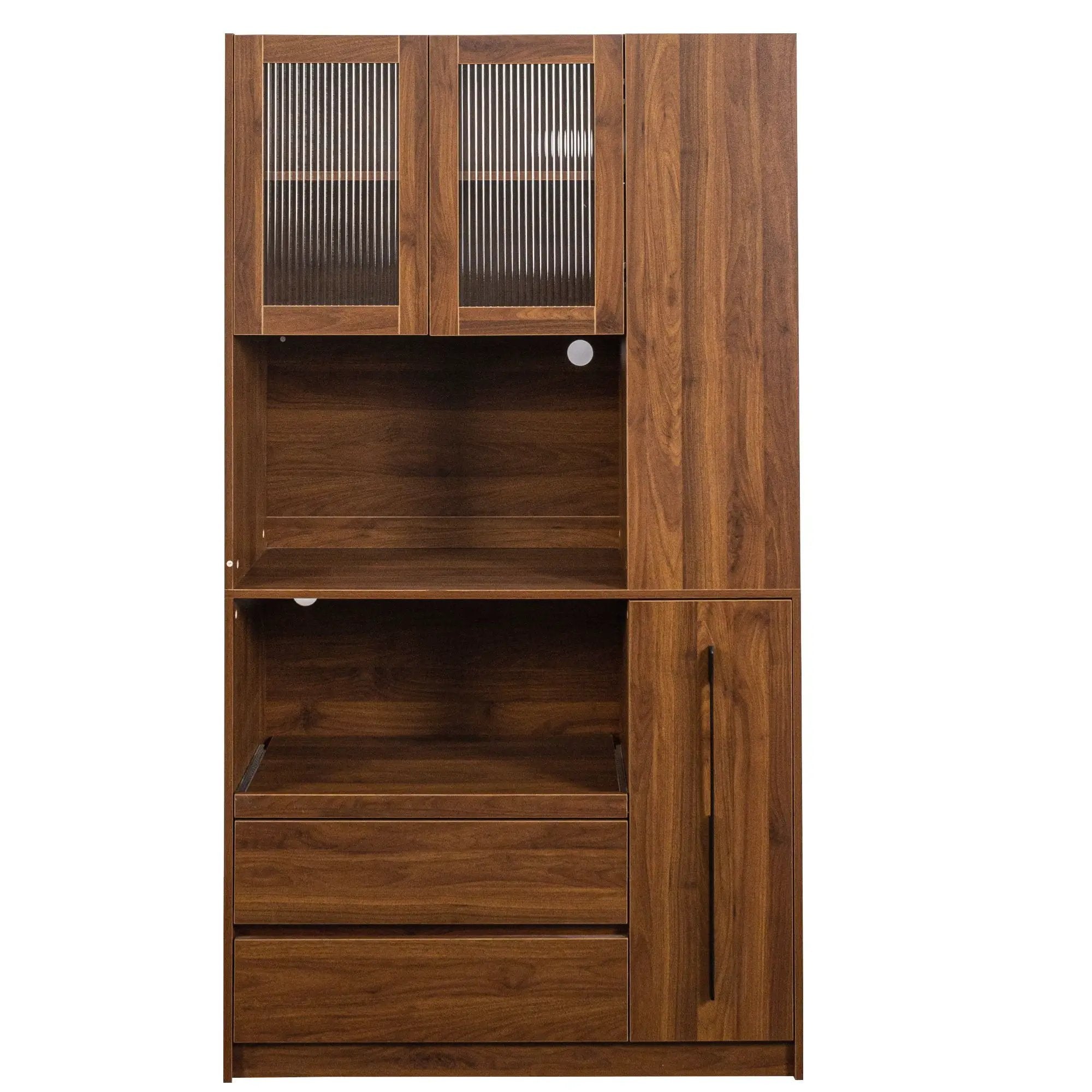 Tall Kitchen Pantry Cabinet With 4 Tier Side Shelf, 2 Drawers, Freestanding Food Hutch With Microwave Stand For Dining Room - Walnut by HouseOfZazla