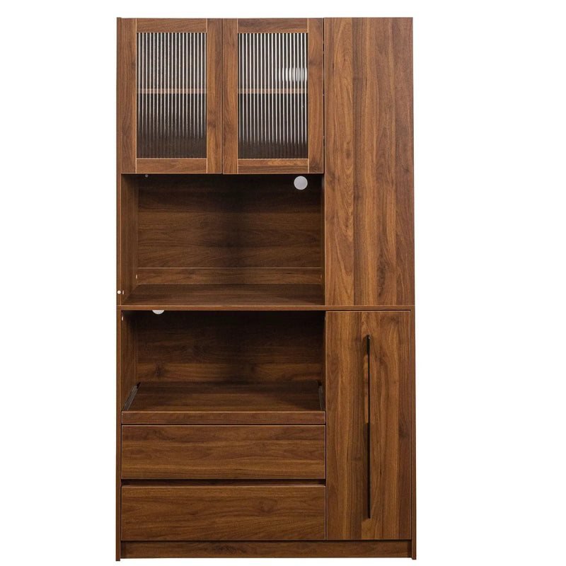 Tall Kitchen Pantry Cabinet With 4 Tier Side Shelf, 2 Drawers, Freestanding Food Hutch With Microwave Stand For Dining Room - Walnut by HouseOfZazla