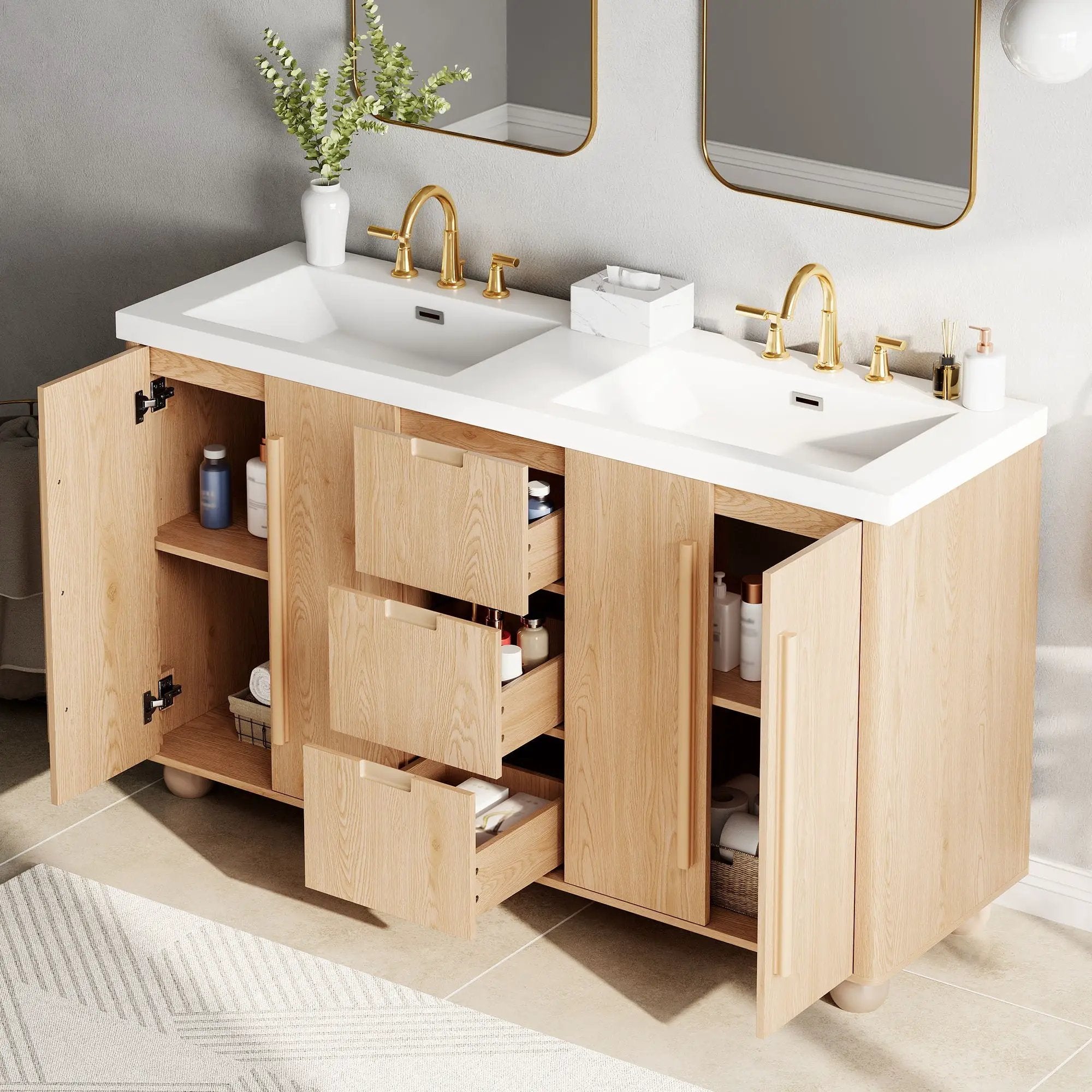 Double Sink Bathroom Vanity With Sinks, Soft Close Doors & 3 Drawers - Wood by HouseOfZazla