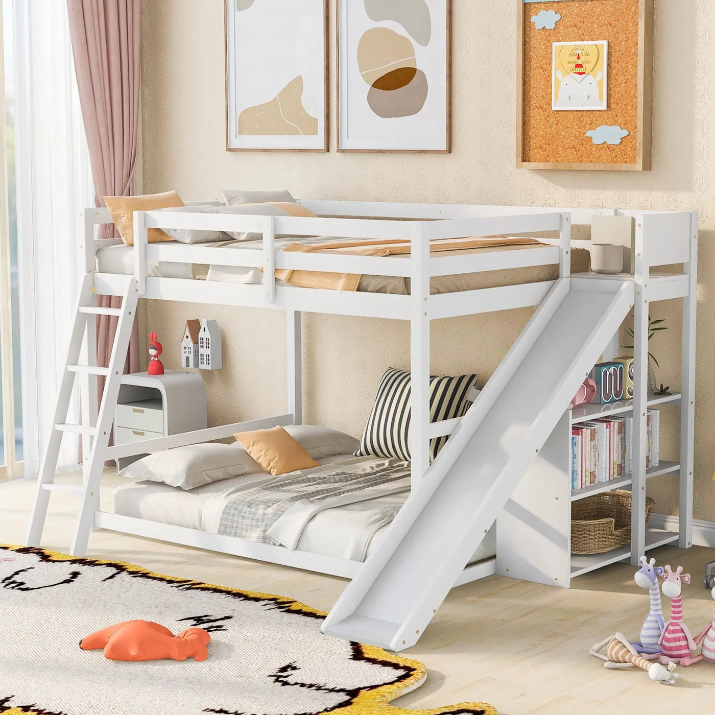 Bunk Bed With Ladder, Slide, And Shelves Pine Wood by HouseOfZazla