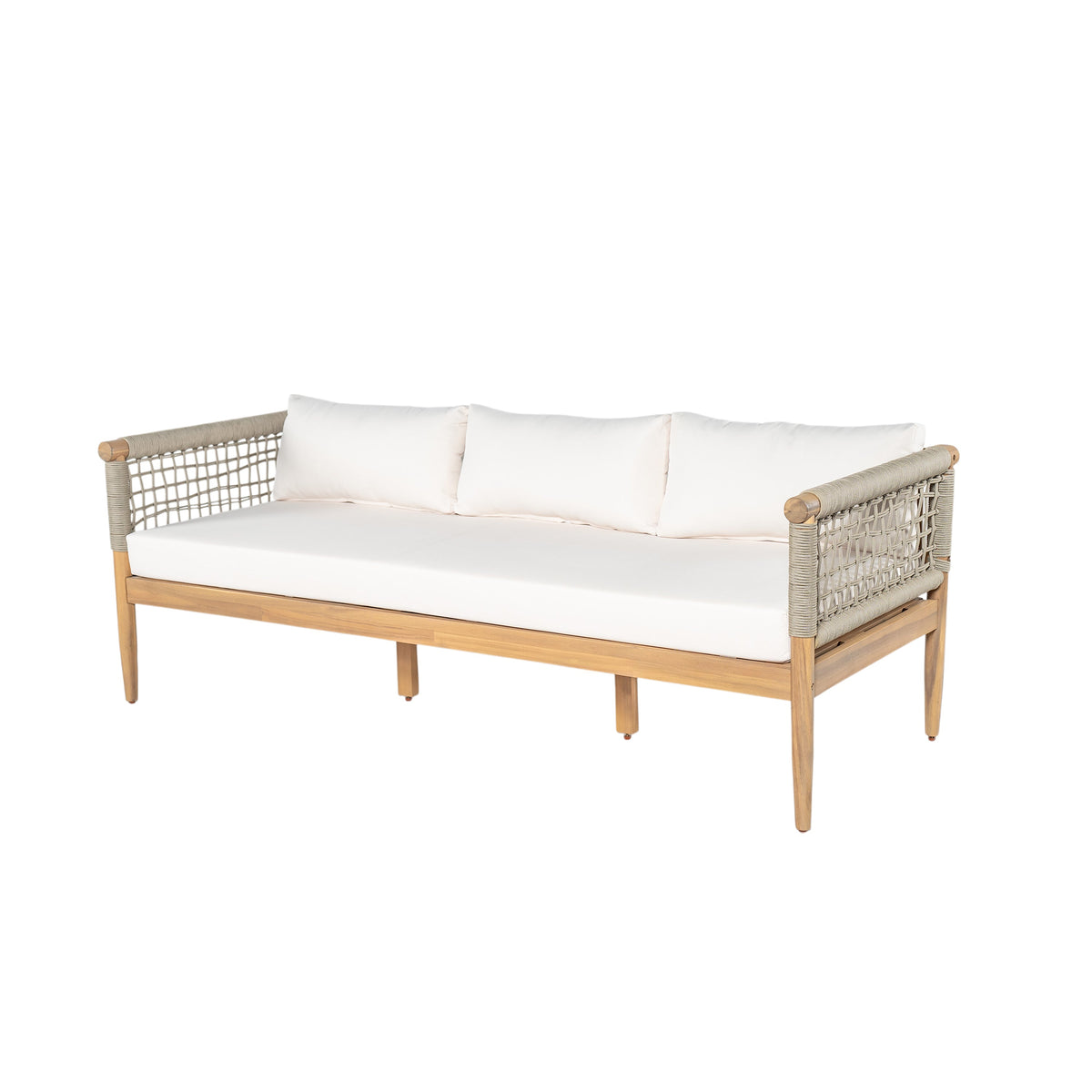 Outdoor Acacia Wood 3-Seater Sofa with Rope Woven Arms - Taupe, photo 4 of 10