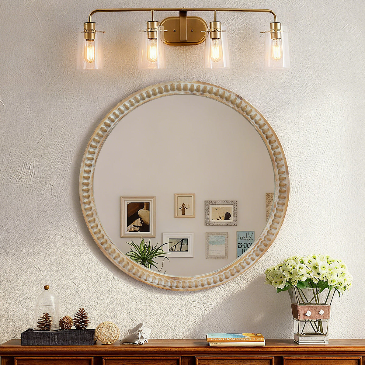 Round Decorative Wall Mirror with Distressed Wood Beaded Frame - 35.43", photo 2 of 9