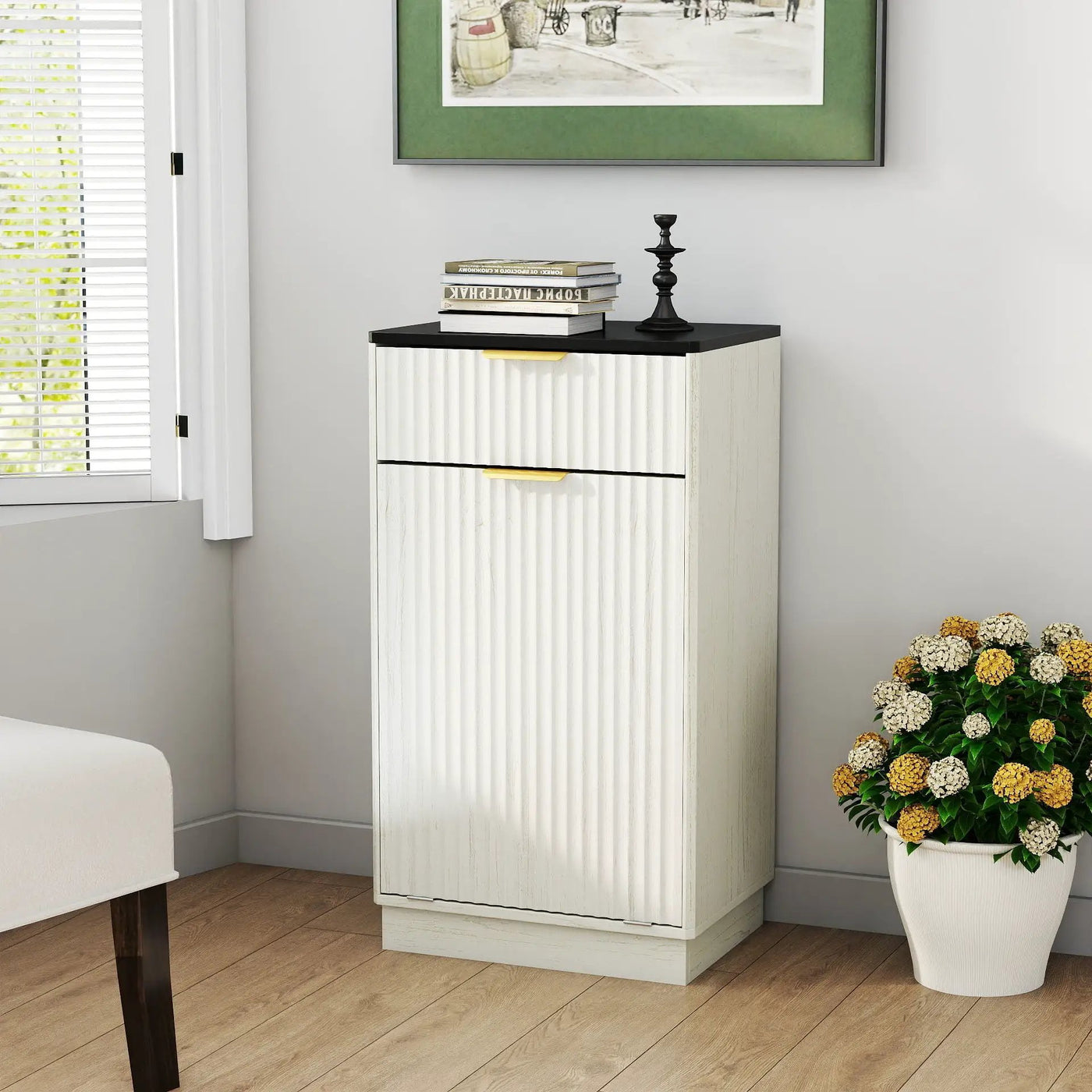 Tilt Out Trash Can Cabinet With Wave Textured Drawer & Pull Out Bin by Unique Piece Furniture