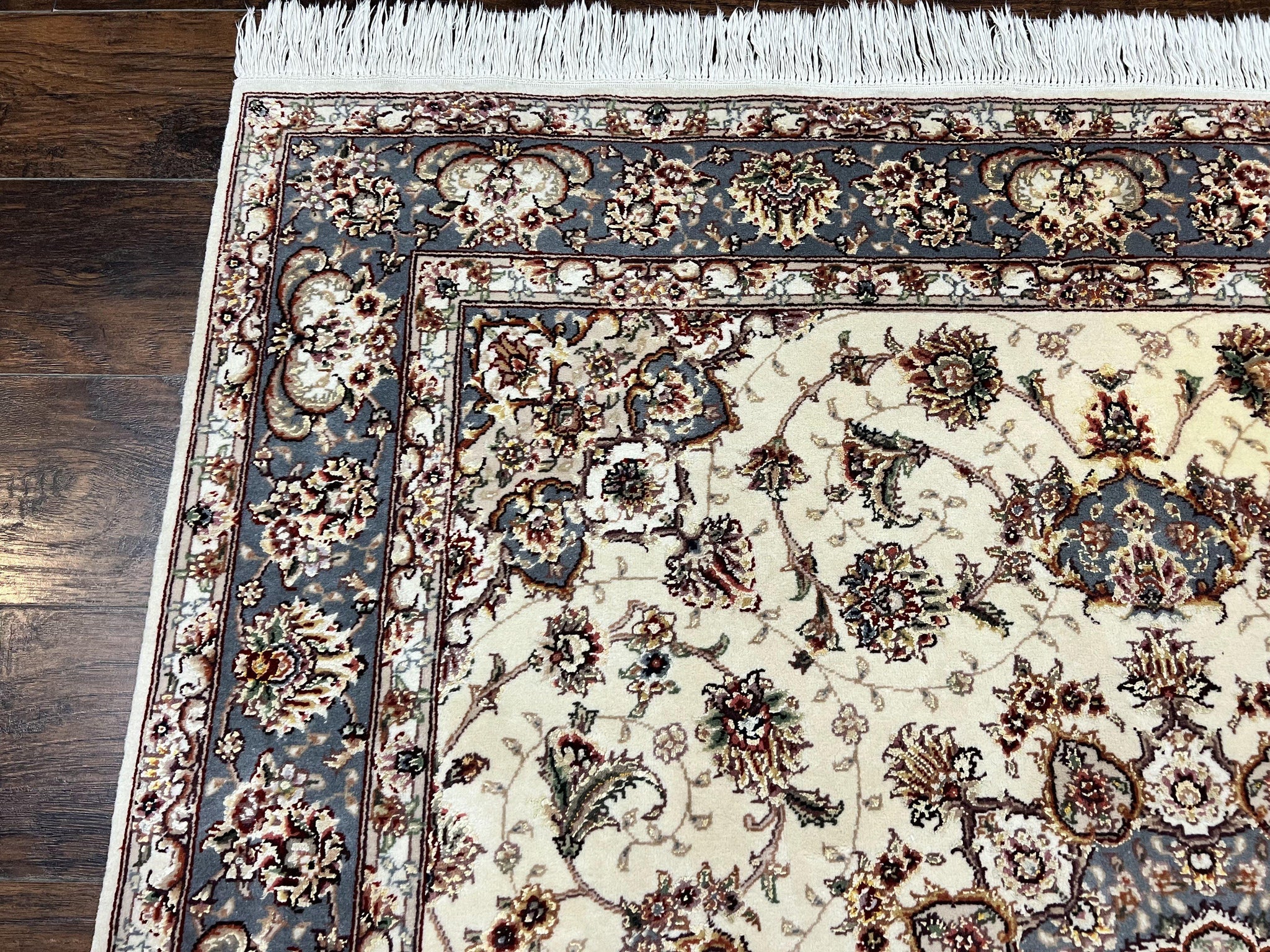 Sino Persian Square Rug 5x5, Very Fine Oriental Carpet, Wool & Silk Highlights, Ivory, Hand Knotted Handmade Vintage Traditional Rug by Jewel Rugs