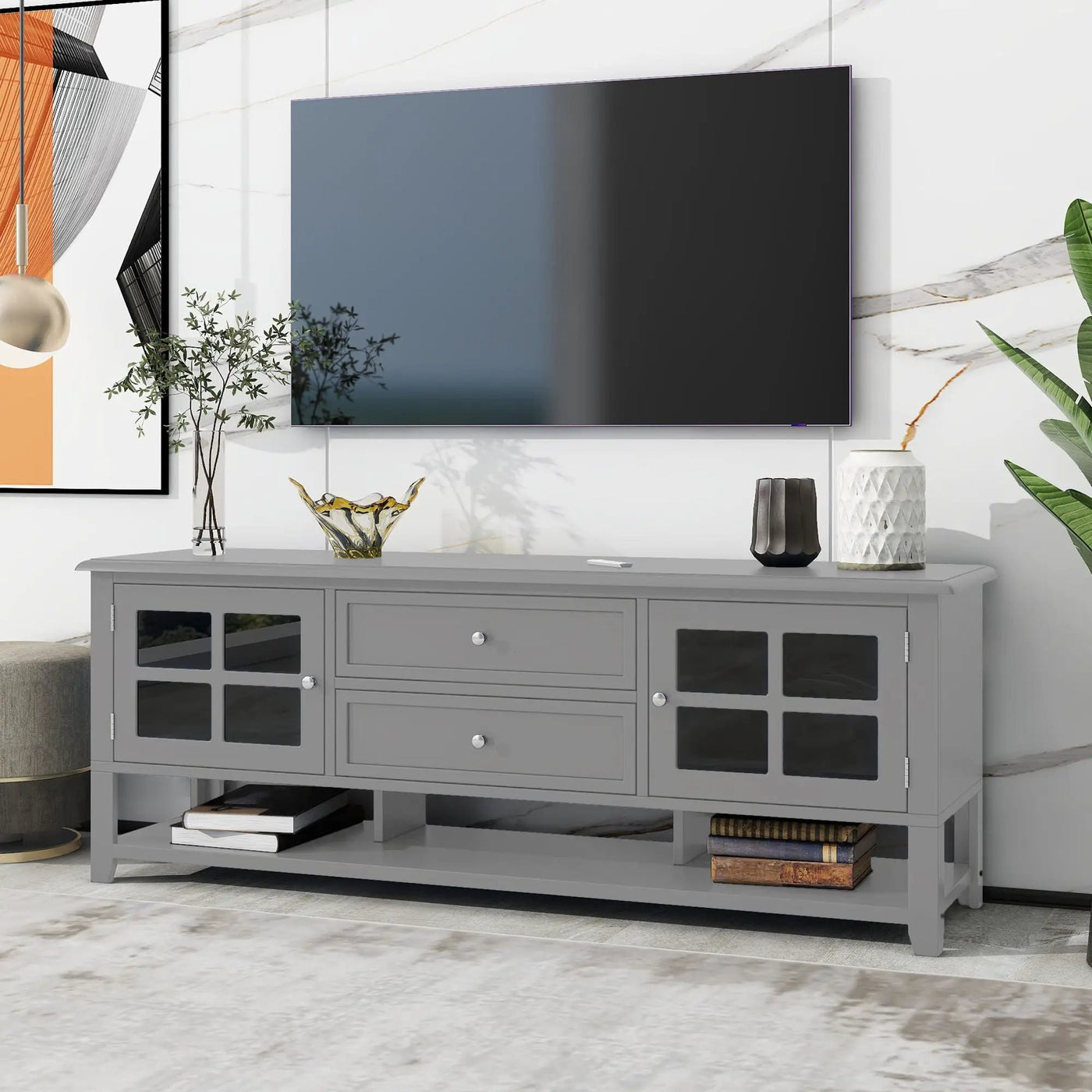 TV Stand, Entertainment Center With Dual Drawers And Hidden Storage, Cabinet With Soft Closing Doors And Sleek Panel Design by HouseOfZazla