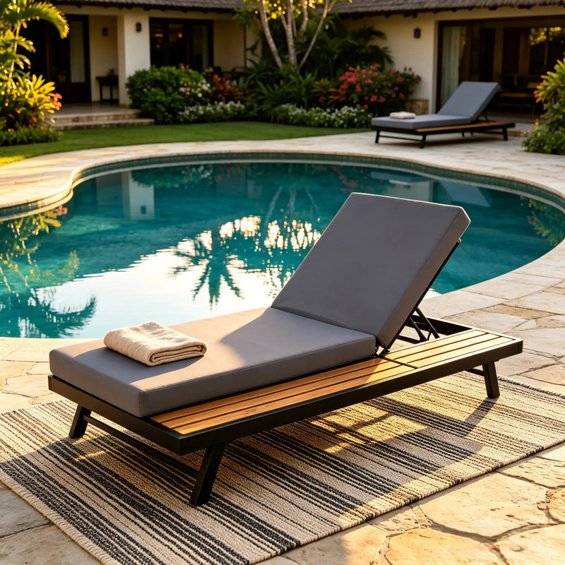 Black Iron + Teak Finish Chaise Lounge Set with Dark Grey Cushion by HouseOfZazla