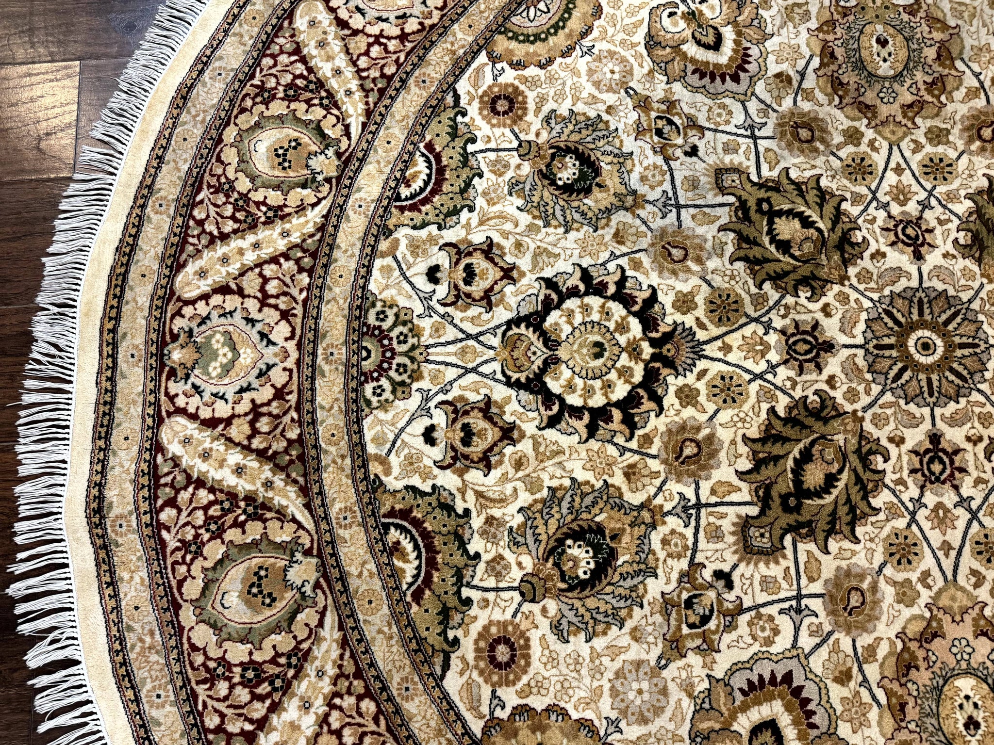 Round Pak Persian Rug 8x8, Vintage Handmade Wool Traditional Carpet, Beige Dark Red, Fine 270 KPSI by Jewel Rugs