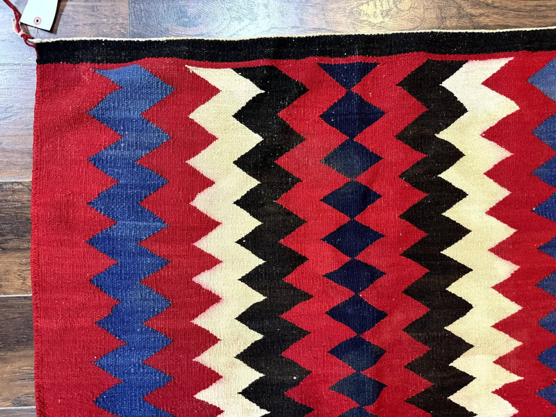 Antique Navajo Rug 3.7 x 2.8, Red Ivory Blue, Zig Zag Pattern, Handmade, Wool by Jewel Rugs