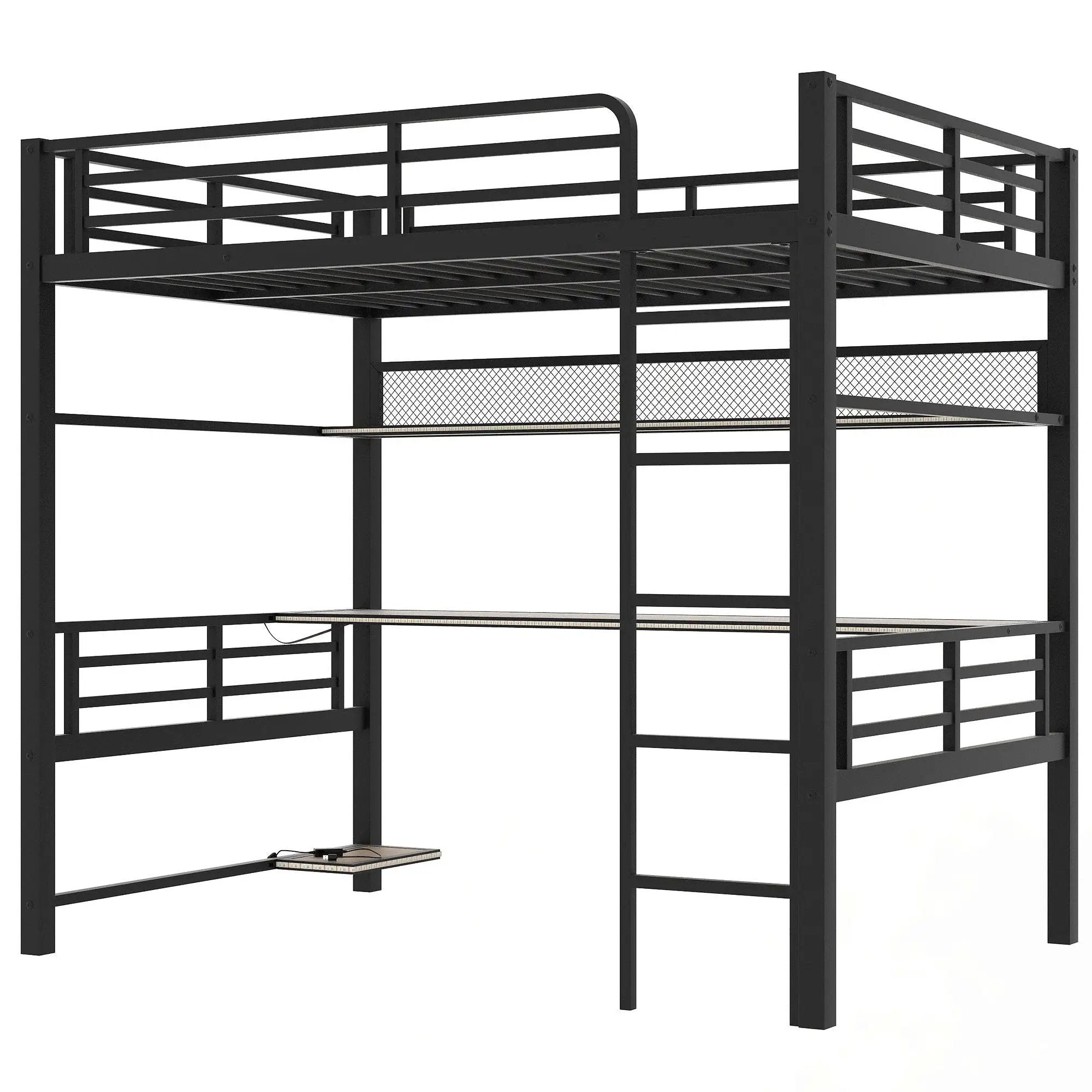 Full Size Loft Bed Frame With Storage Shelf And LED Light - Black by HouseOfZazla