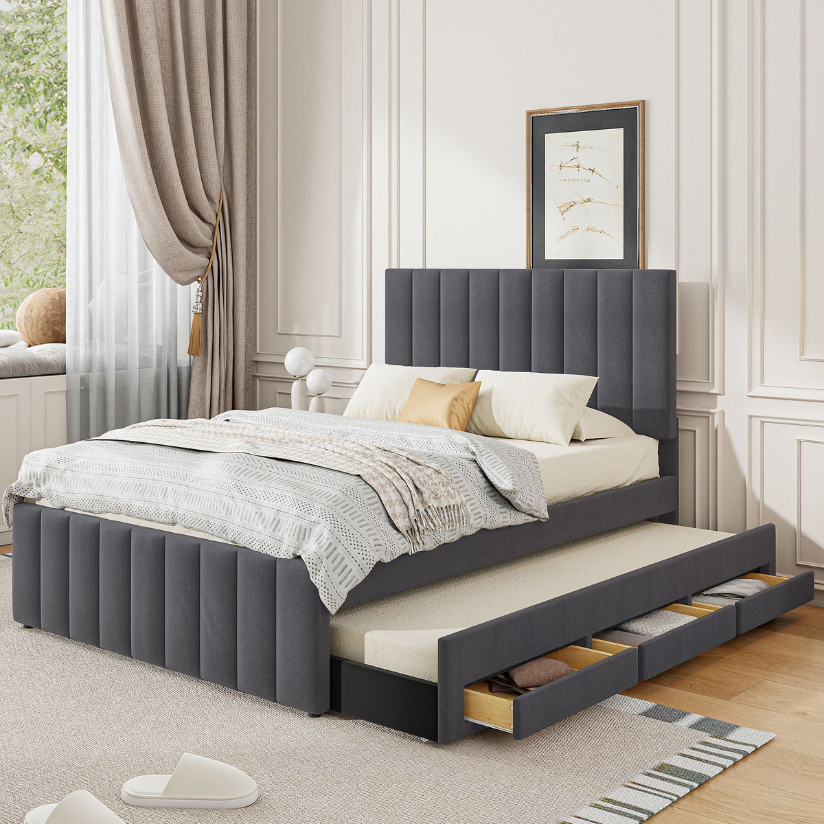 Upholstered Platform Bed With Twin Size Trundle And 3 Drawers, photo 2 of 14