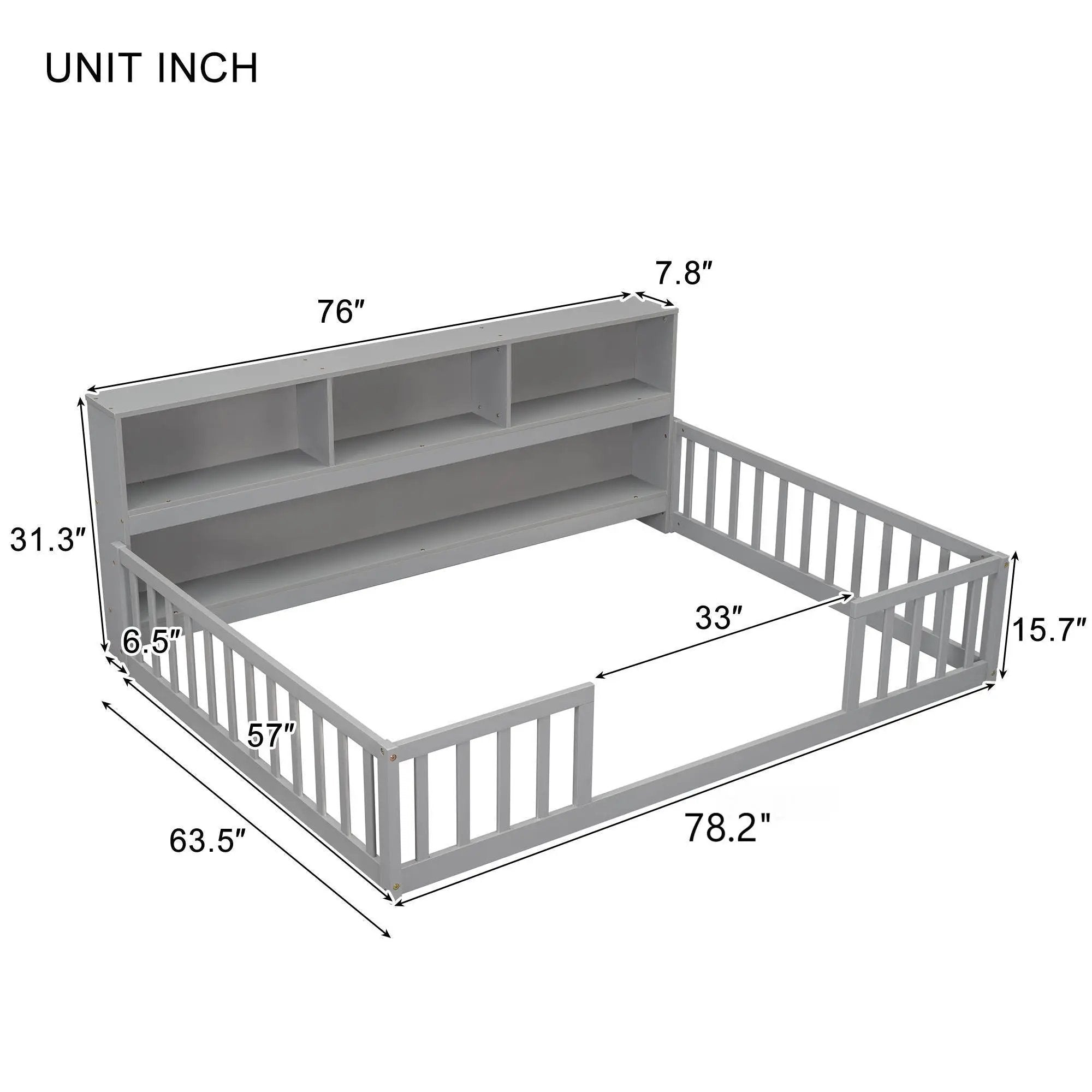 Floor Bed With Side Bookcase, Shelves, Guardrails by HouseOfZazla