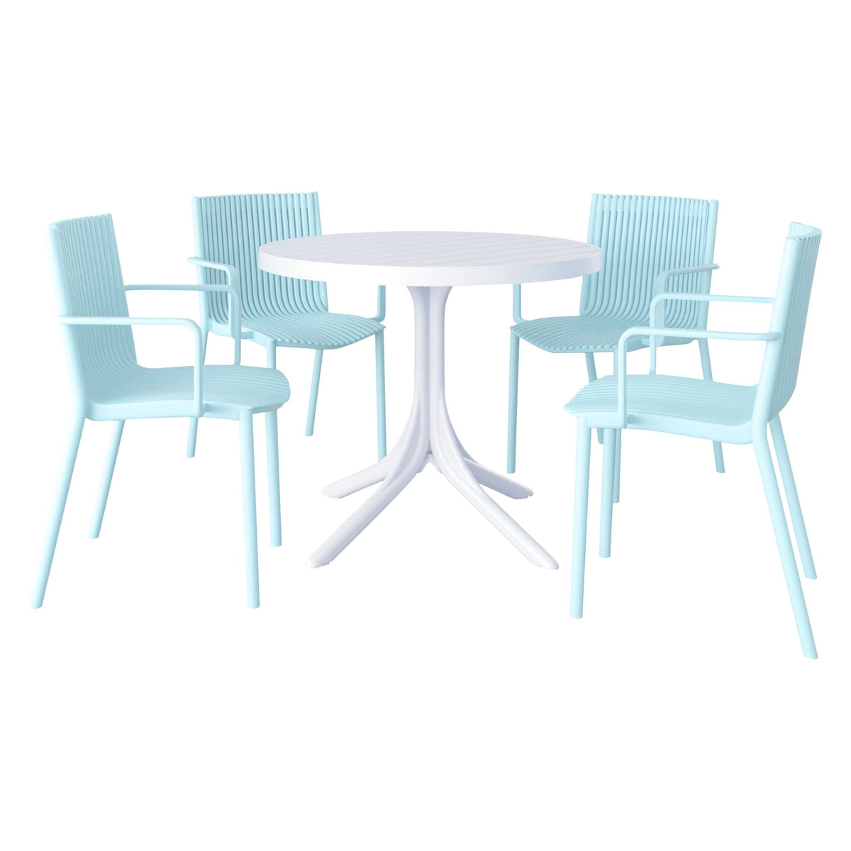 4 Modern Stackable Plastic Armchair Set with Round Table - Light Blue or Dark Gray, photo 4 of 31