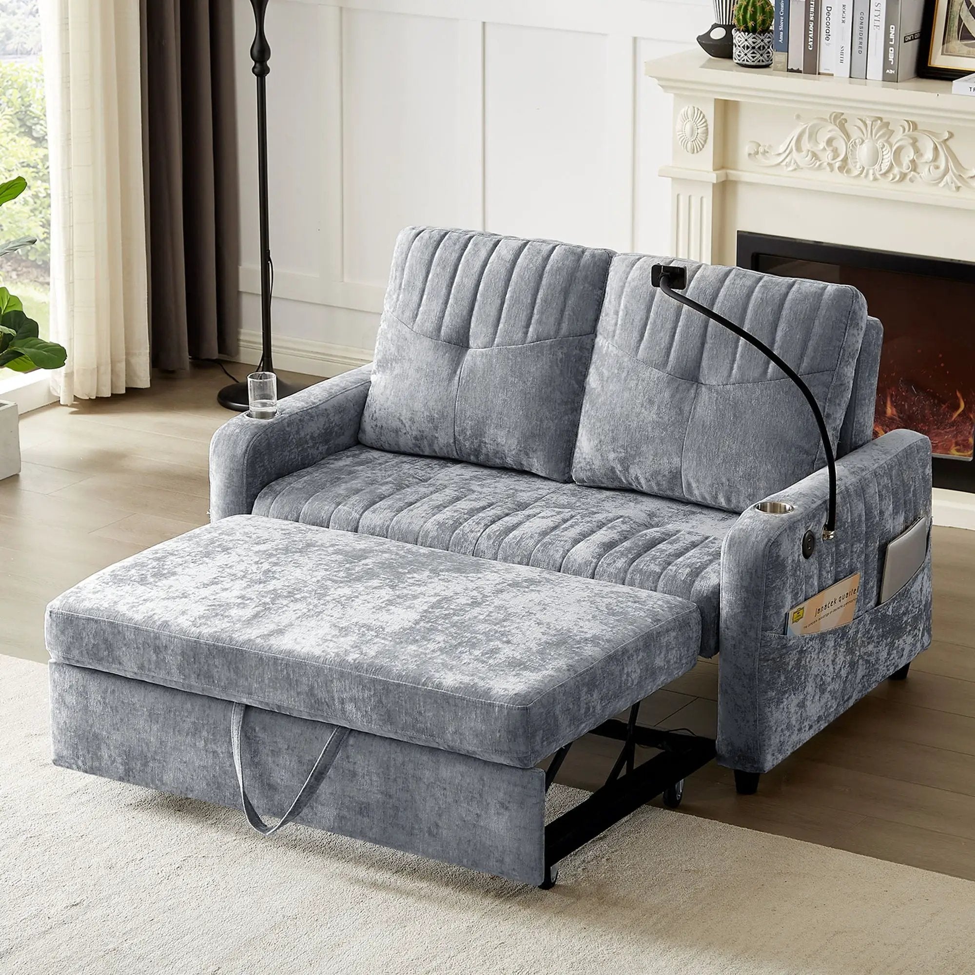 Modern Loveseat Pull Out Sofa Bed With Adjustable Backrest, Two Cup Holders, A Phone Holder, Three Charging Ports And Side Storage Pockets For Living Room by HouseOfZazla