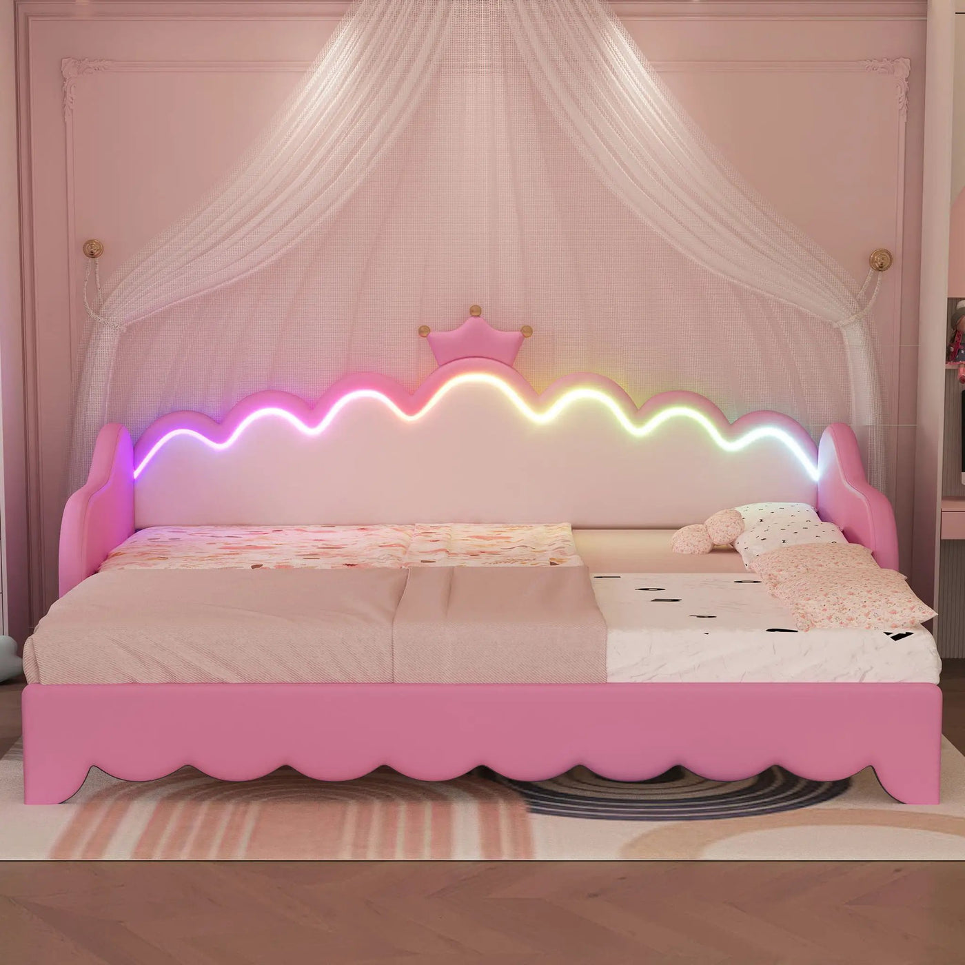 Extending Daybed With LED Lights, Modern Upholstered Princess Daybed With Crown Headboard by HouseOfZazla