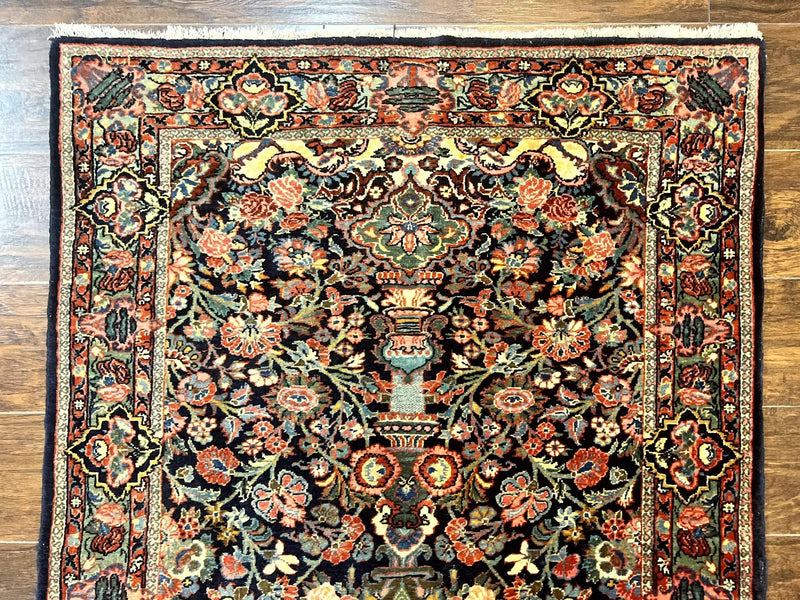 Persian Saoruk Rug 4x5, Navy Blue and Red, Floral, Antique Persian Wool Carpet, Handmade by Jewel Rugs