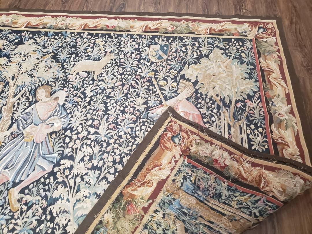 Vintage European Tapestry 5.4 x 7.11, Antique Style European Wall Hanging, Aubusson Weave Handmade Tapestry, Courtship Dating Scene, Animals by Jewel Rugs