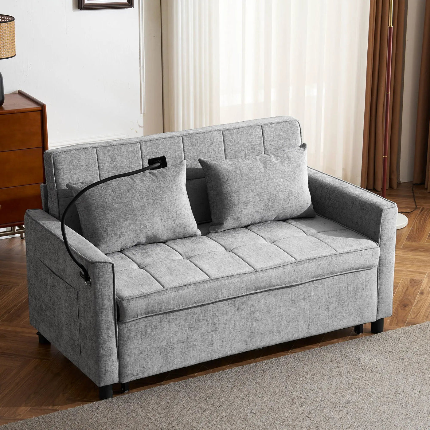 Pull-Out Sleeper Sofa With Reversible Backrest Cushion, Side Pockets, 2 USB Ports And A Phone Holder For Living Room by HouseOfZazla