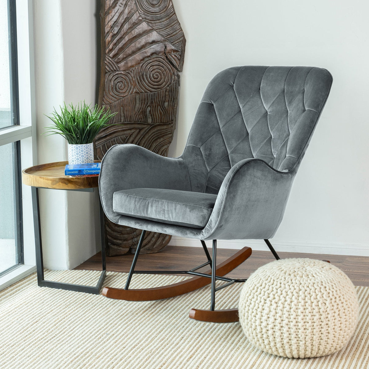 Mid Century Modern Rocking Chair with Velvet Upholstery - Dark Grey