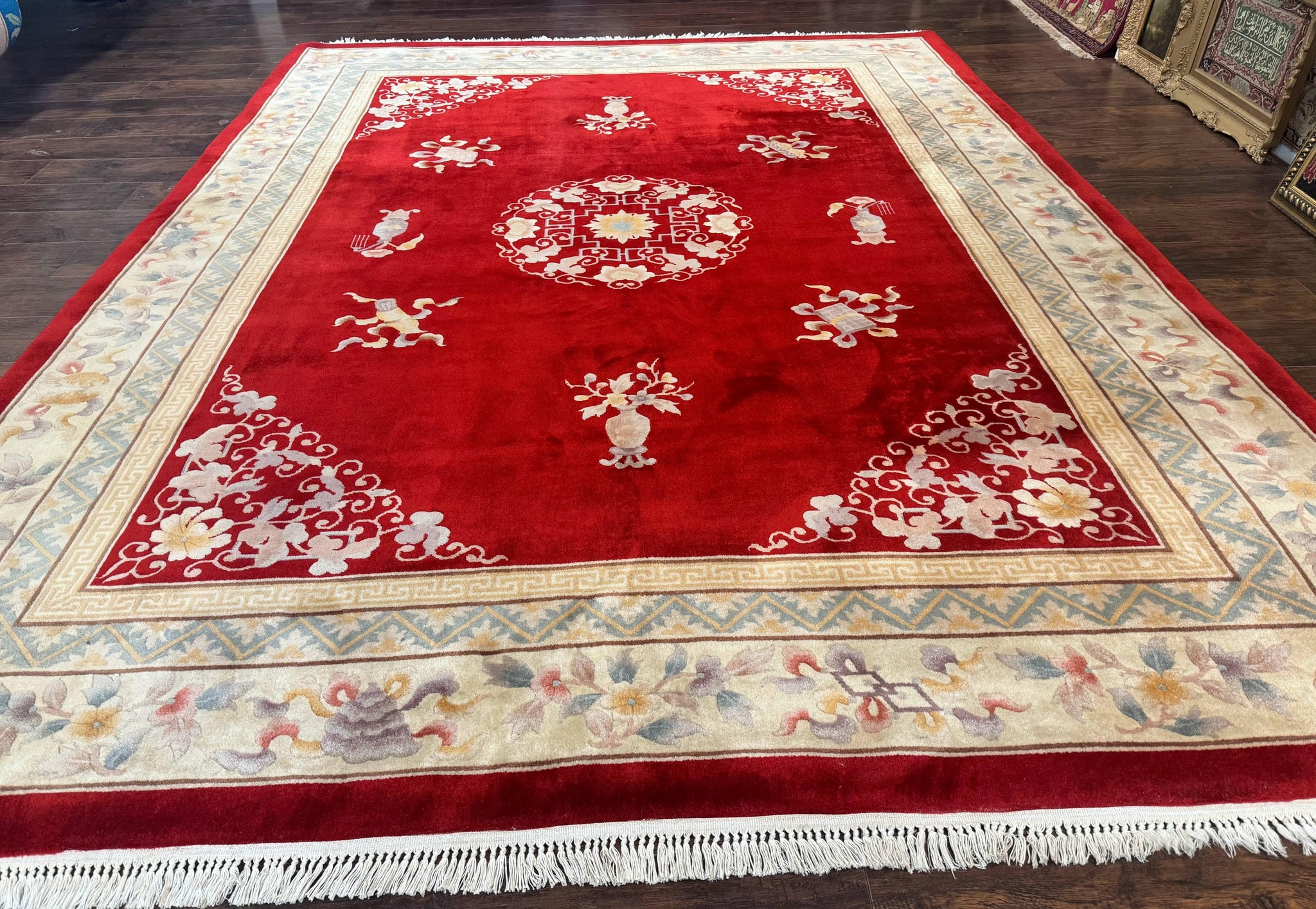 Chinese Wool Rug 8.6 x 11, Red and Beige Asian Oriental Carpet, Plush Pile, Vintage Handmade Chinese Carving Sculpted Rug, Semi Open Field by Jewel Rugs