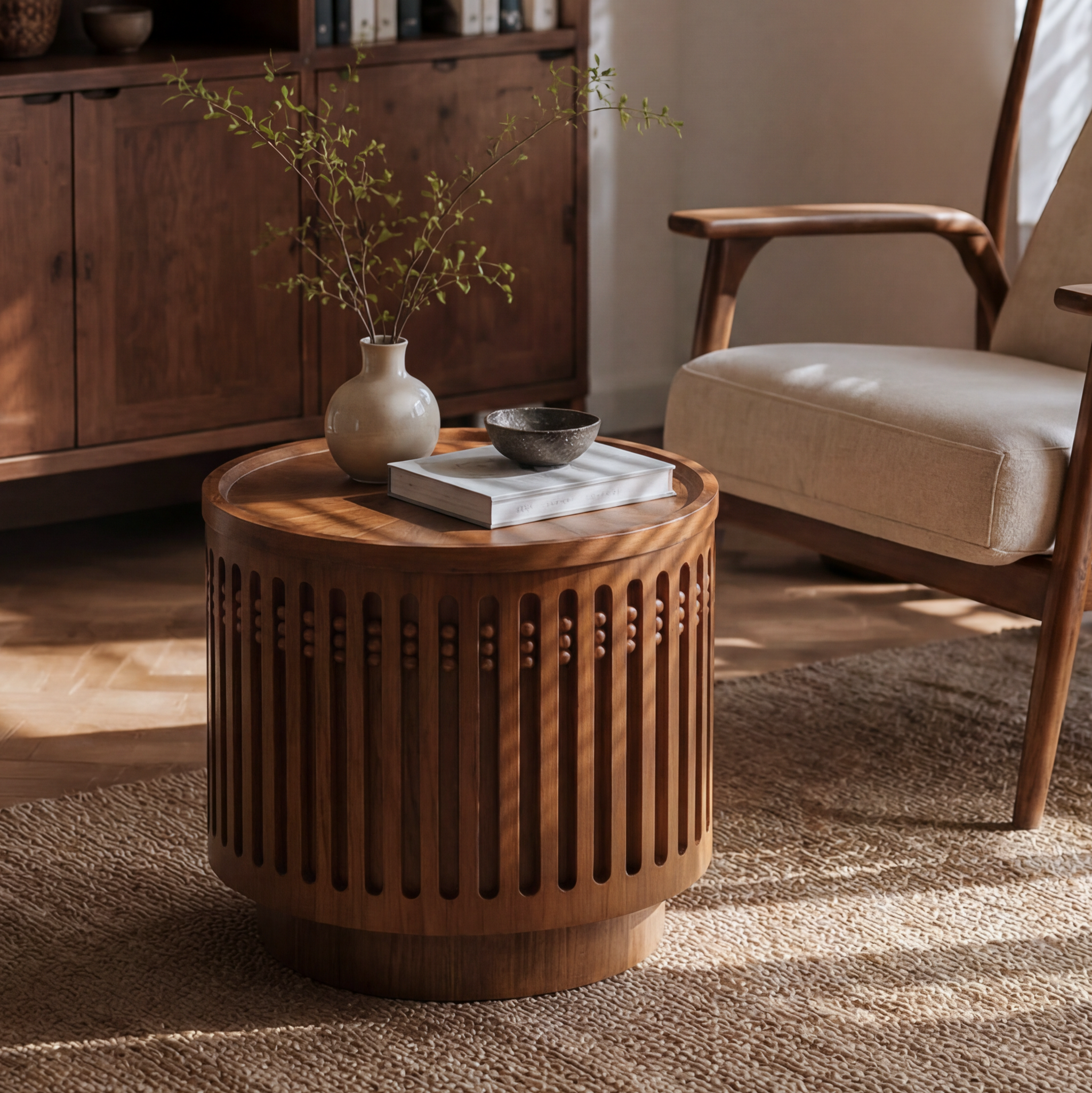 18.9" Round Wooden Side Table with Cylinder Lattice Design by HouseOfZazla