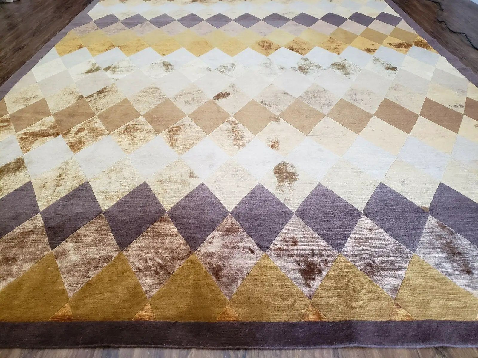 Modern Tibetan Rug 8.6 x 11, Wool and Silk, Multicolor, Diamond Panel Design by Jewel Rugs