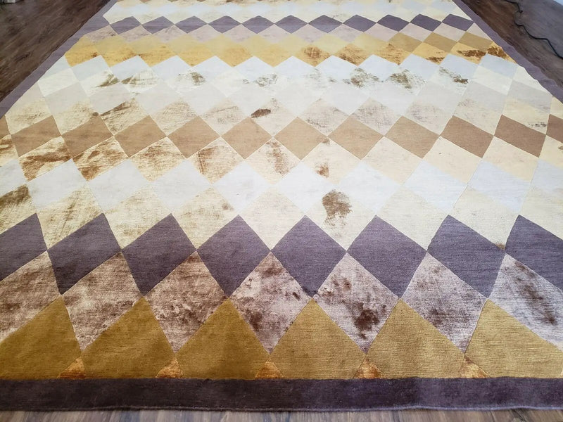 Modern Tibetan Rug 8.6 x 11, Wool and Silk, Multicolor, Diamond Panel Design by Jewel Rugs