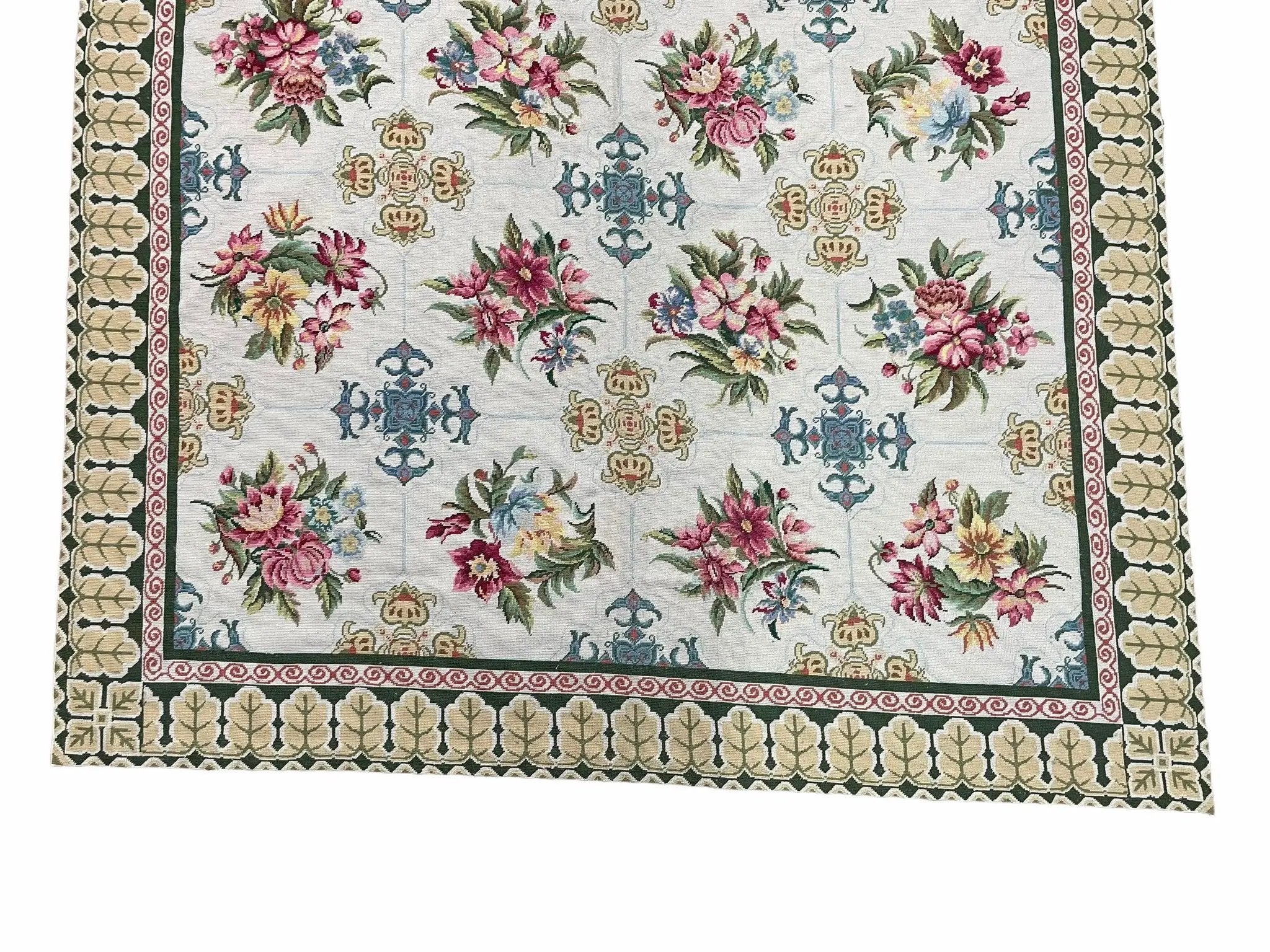 Hand-Knotted Needlepoint Carpet 6x9, Ivory/Cream Background, Colorful Flowers, Yellow Border, Aubusson Rug 6 x 9, New, Handmade by Jewel Rugs