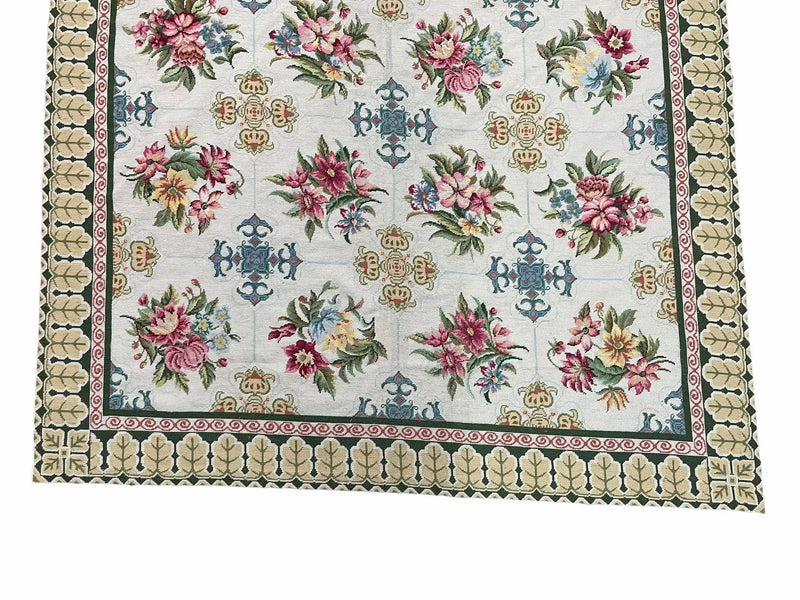Hand-Knotted Needlepoint Carpet 6x9, Ivory/Cream Background, Colorful Flowers, Yellow Border, Aubusson Rug 6 x 9, New, Handmade by Jewel Rugs