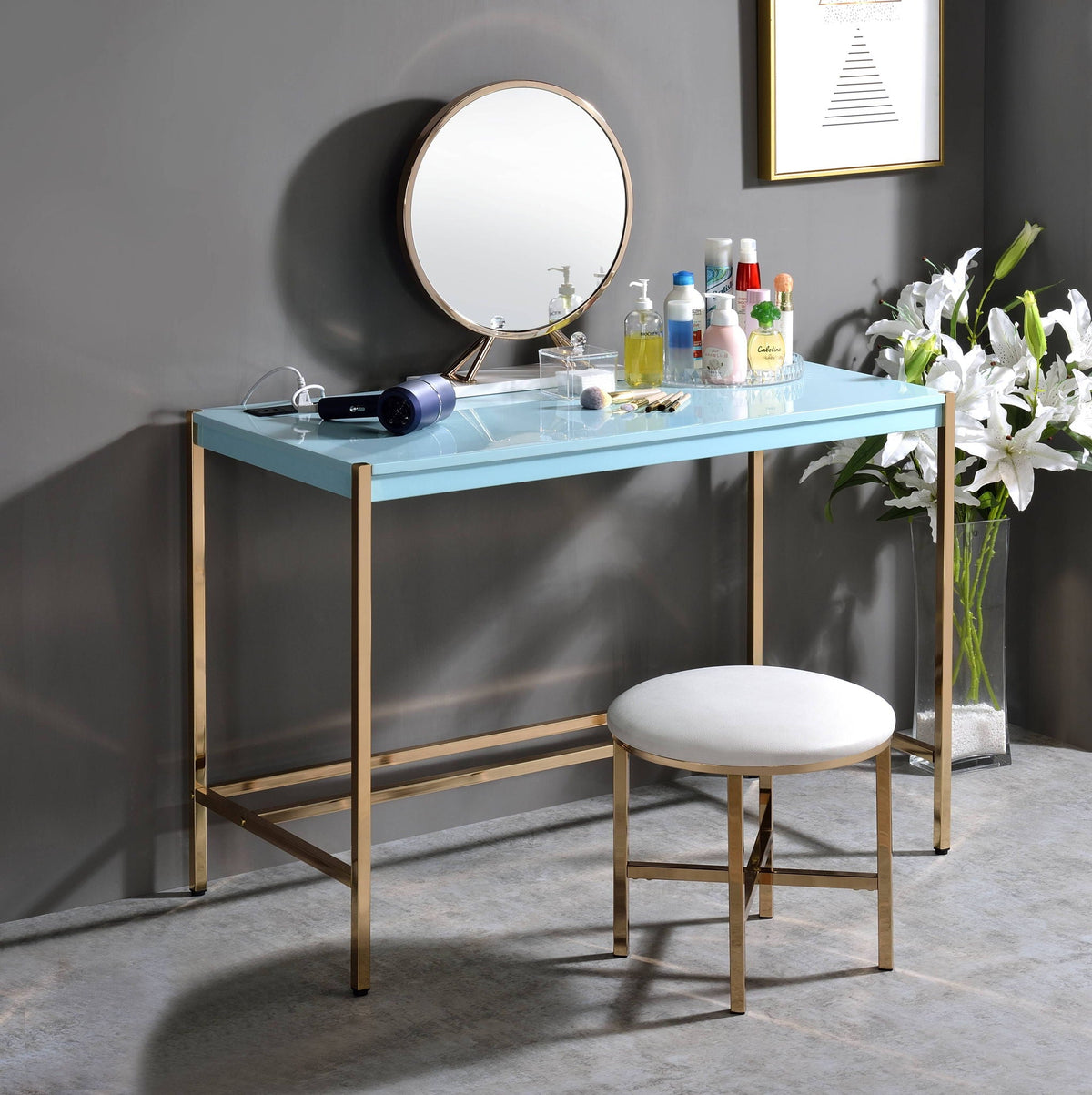 Midriaks Writing Desk With USB Port - Modern Metal Base - White, Blue, Light Blue, photo 4 of 12