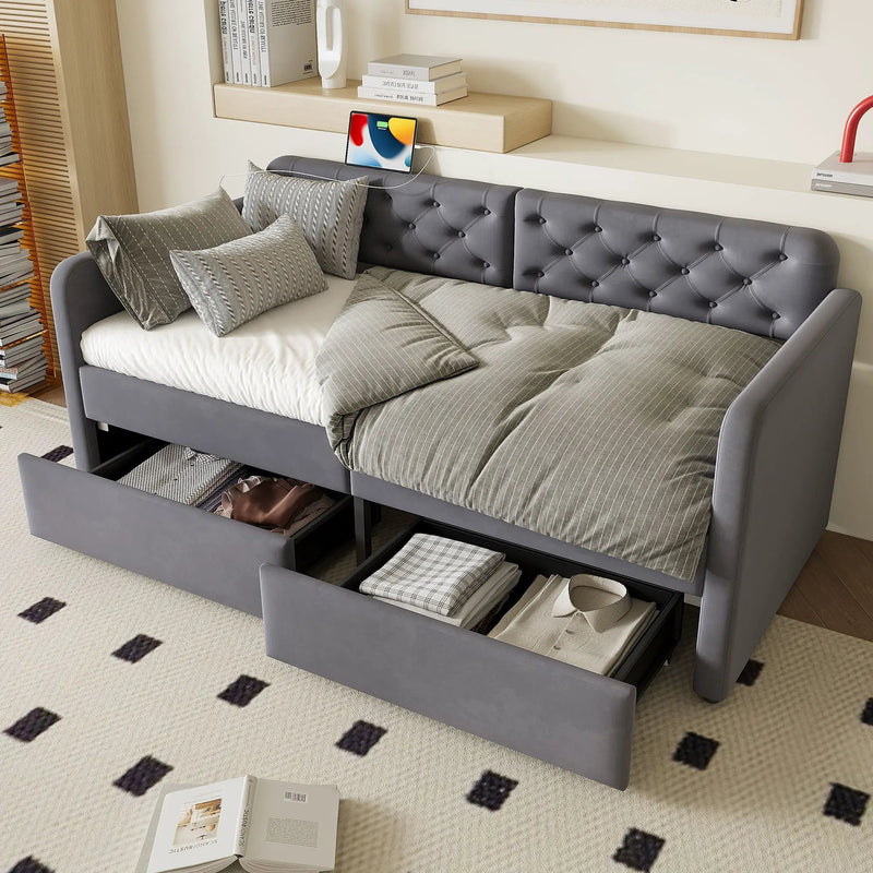 Twin Size Upholstered Daybed With 2 Storage Drawers And USB Charging Design - Gray by HouseOfZazla
