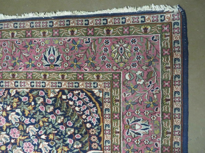 Turkish Sivas Rug 7x11, Navy Blue & Pink, Millifluer Floral Wool Carpet, Vintage by Jewel Rugs