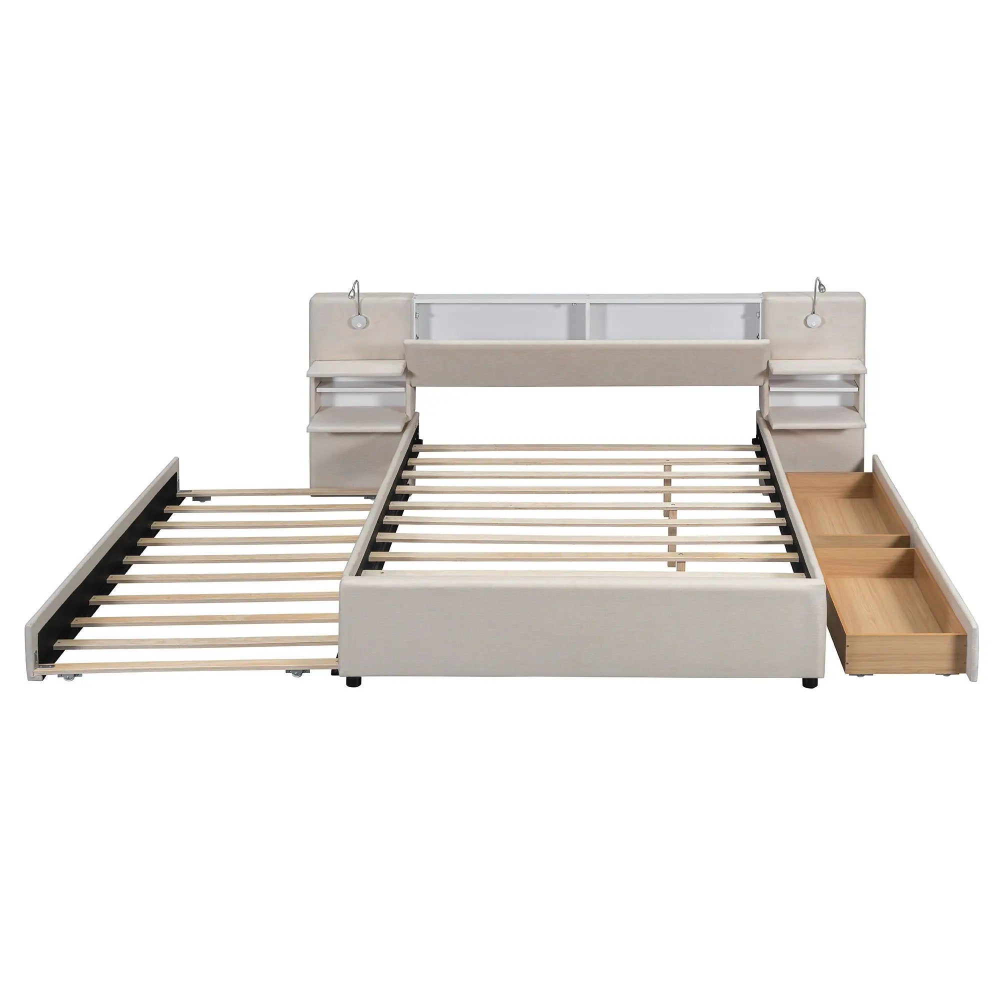 Upholstered Platform Bed With Reading Lights, Drawers, Trundle And Shelves by HouseOfZazla