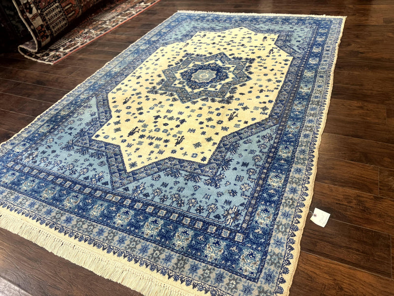 Moroccan Rug 7x10, Geometric Medallion, Blue and Ivory by Jewel Rugs