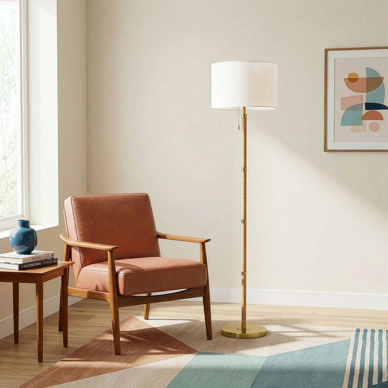 Stellar - Linen Shade Floor Lamp - Gold / Natural Wood / Rattan / White by Unique Piece Furniture