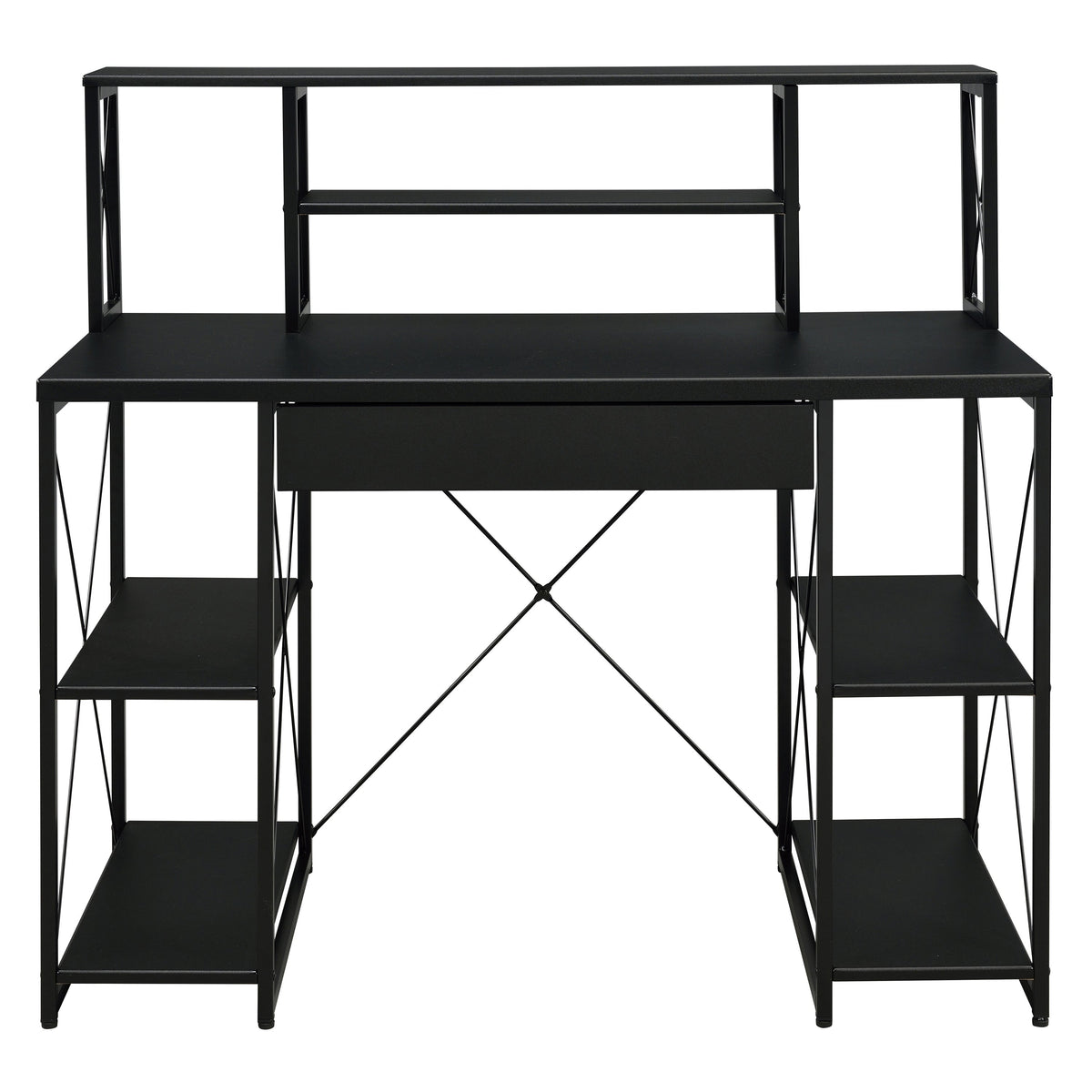 Black Office Desk with Open Shelves and Hutch - Black, photo 3 of 8