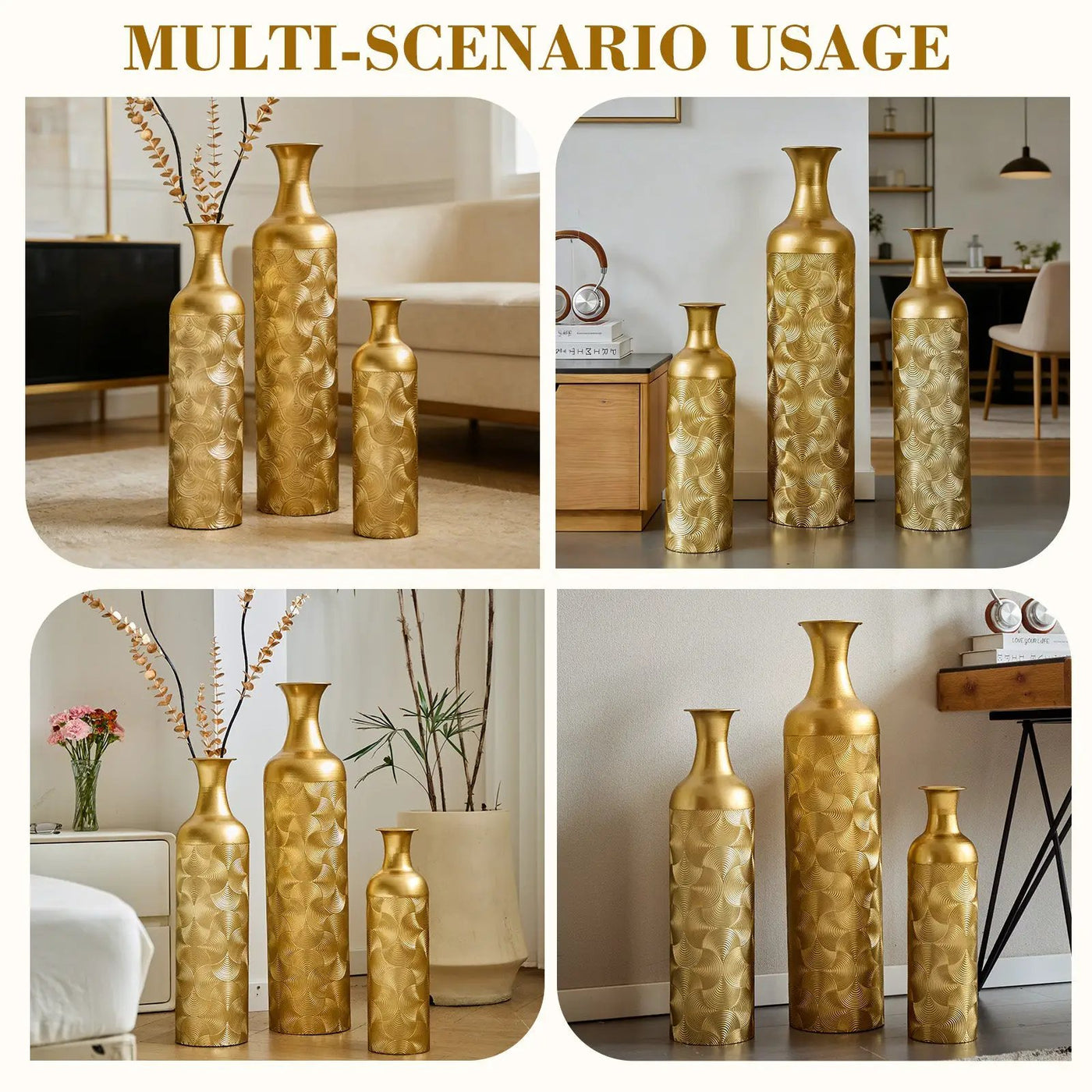 3 Pack Semi-Handcrafted Gold Metal Vase Collection by HouseOfZazla