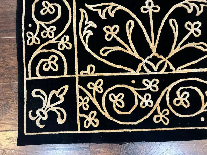 Tibetan Rug 8x10, Wool and Silk, Raised Pattern, Black and Gold, Floral by Jewel Rugs