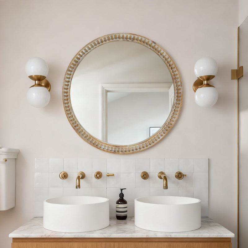 Round Decorative Wall Mirror with Distressed Wood Beaded Frame - 35.43", photo 6 of 9