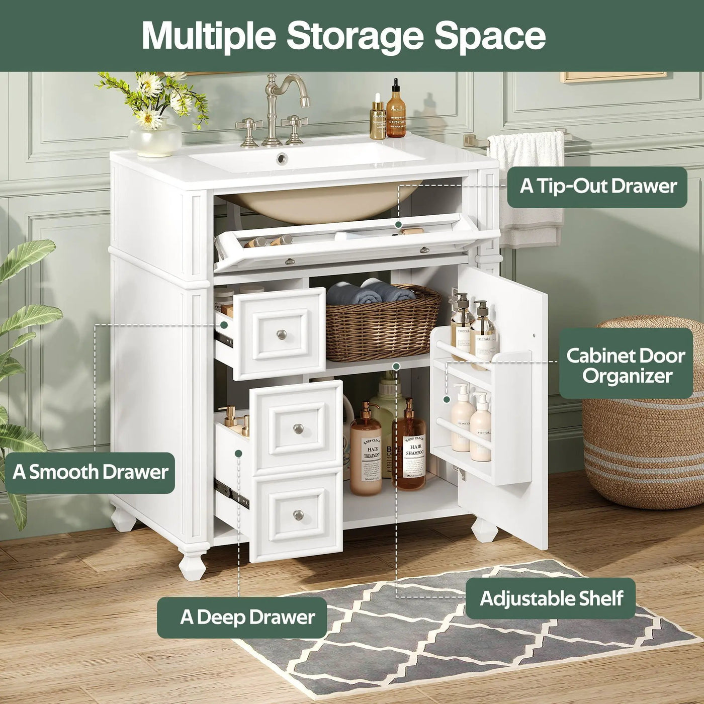 Bathroom Vanity Cabinet With Sink, Soft Close Doors With Door Organizer by HouseOfZazla