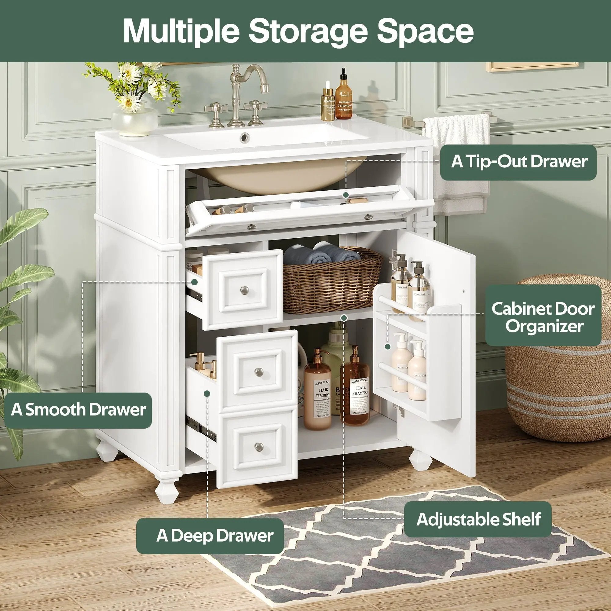 Bathroom Vanity Cabinet With Sink, Soft Close Doors With Door Organizer by Unique Piece Furniture