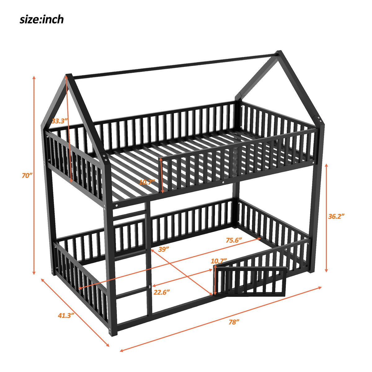 Metal House Bunk Bed with Fence and Door - Twin over Twin, photo 4 of 20