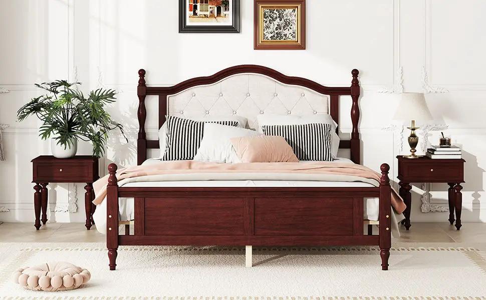 Pine Wooden Bed With Upholstered Headboard And Panel Footboard, With Two Bed Rail Support Feet And Central Platform Support Feet by HouseOfZazla