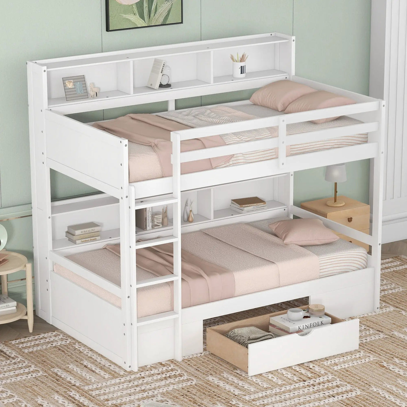 Twin Size Bunk Bed With Built-In Shelves Beside Both Upper And Down Bed And Storage Drawer by HouseOfZazla