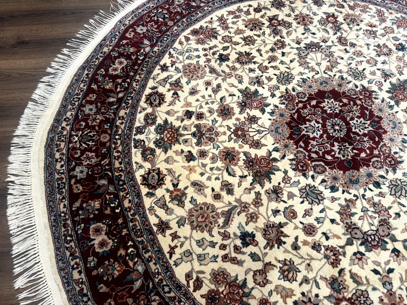 Round Sino Persian Rug 8x8, Wool and Silk, Floral Medallion, Ivory Dark Red by Jewel Rugs