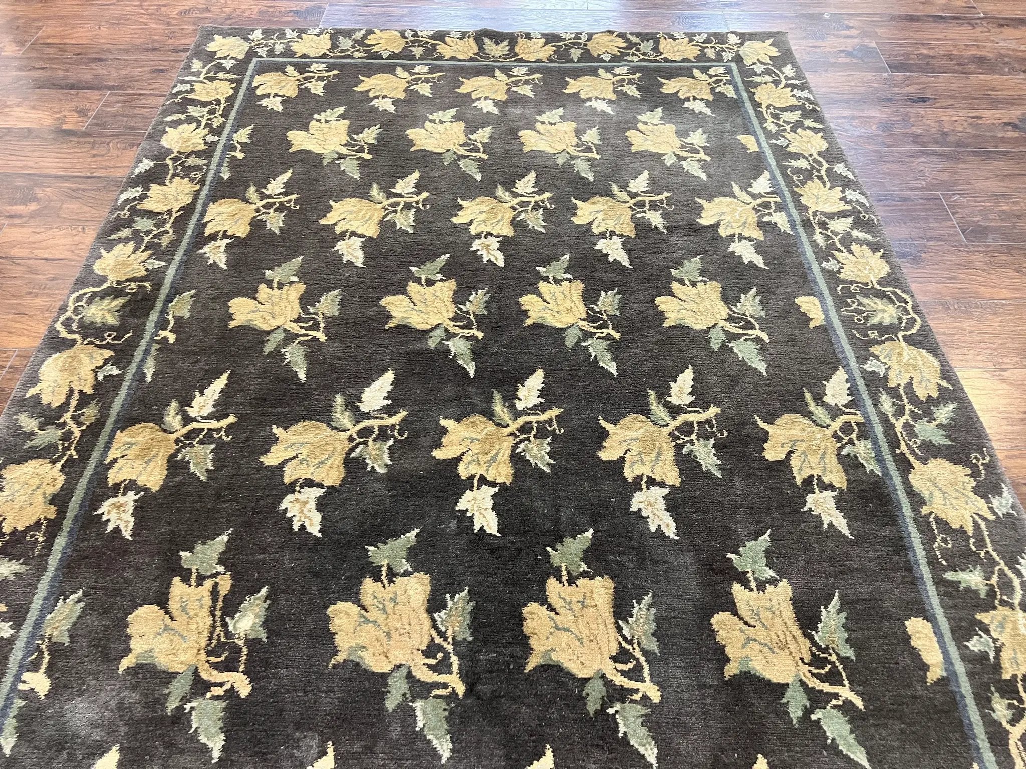 Tibetan Nepal Rug 6x9, Wool Hand Knotted Vintage Carpet 6 x 9, Dark Green & Golden Yellow, Floral Bouquets by Jewel Rugs