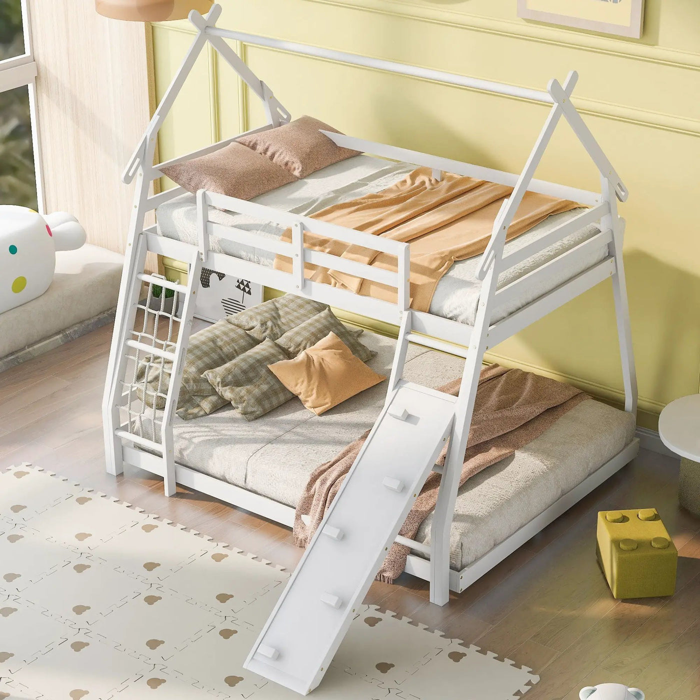 Twin Over Queen House Bunk Bed With Climbing Nets And Climbing Ramp by HouseOfZazla