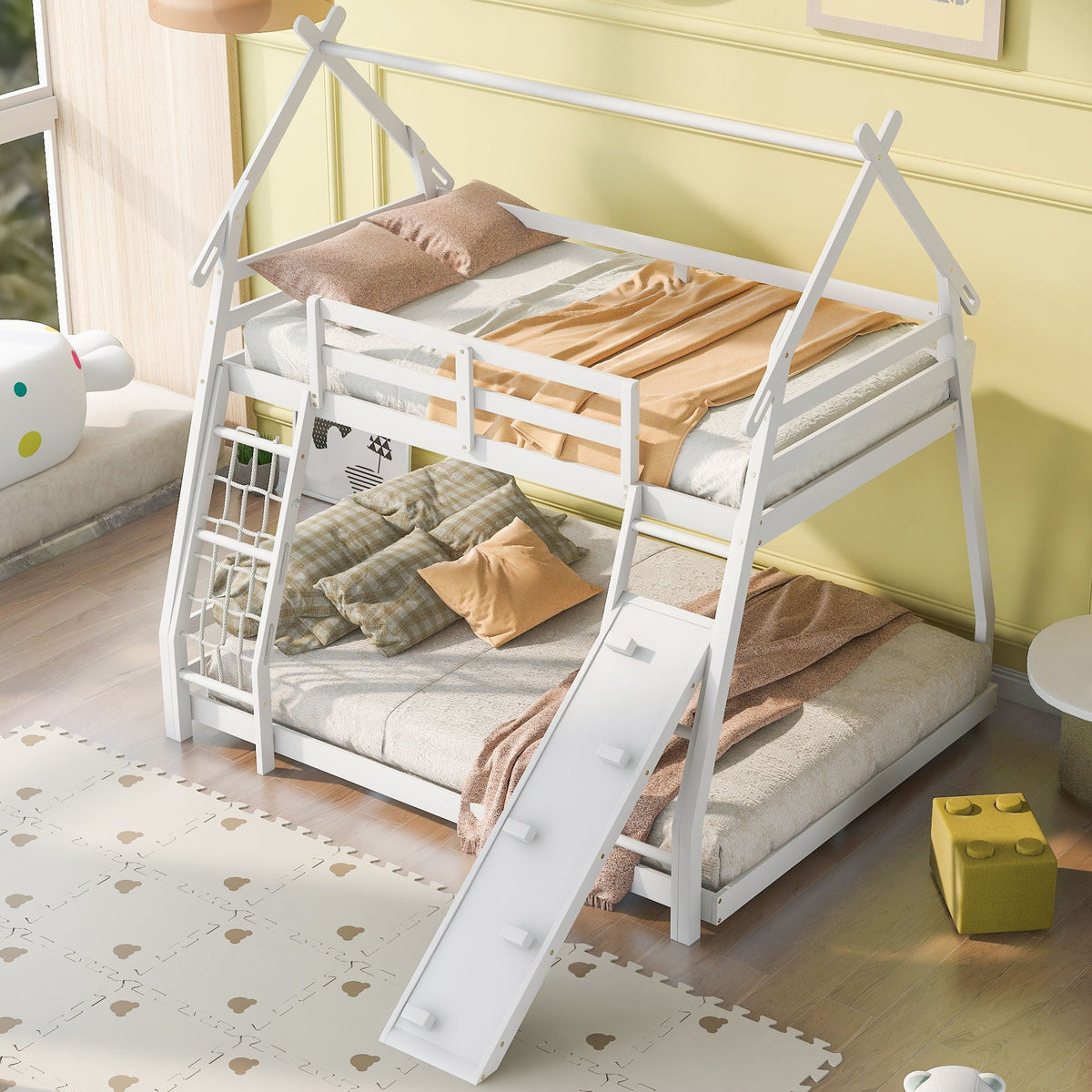 Twin Over Queen House Bunk Bed with Climbing Nets and Ramp - White or Light Brown, photo 4 of 14