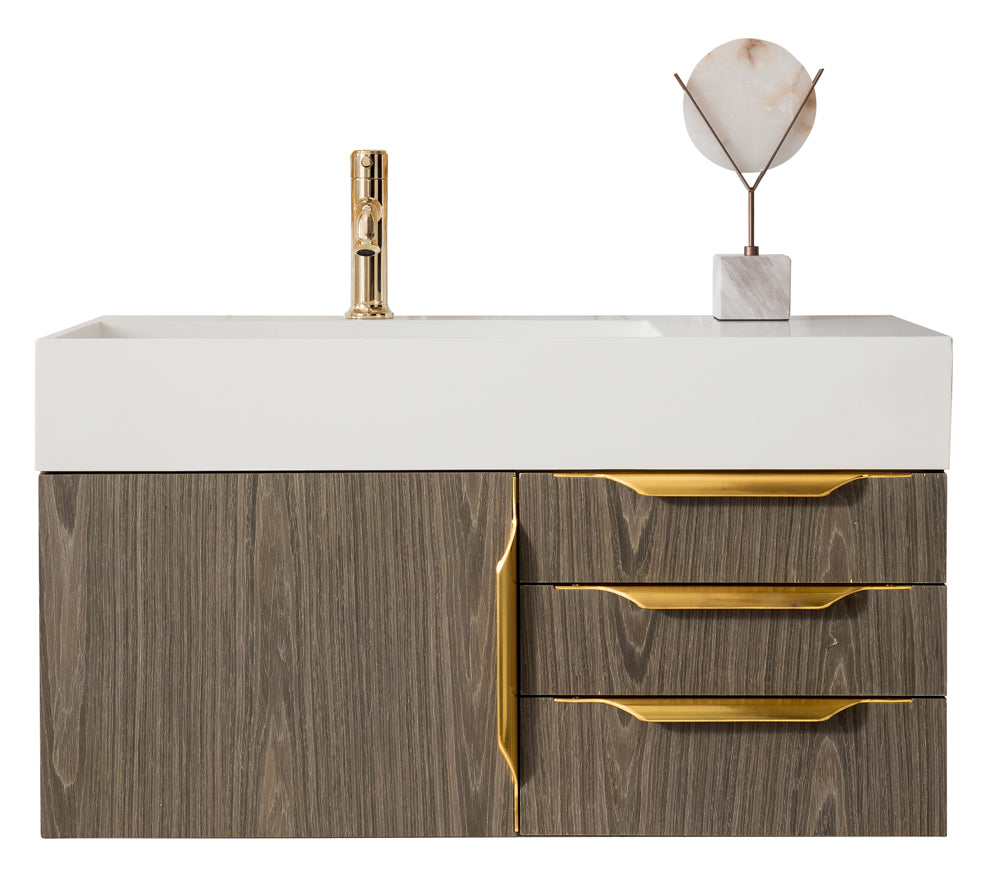 James Martin Columbia 36" Floating Single Bathroom Vanity, Ash Gray with Glossy White (Radiant Gold) countertop