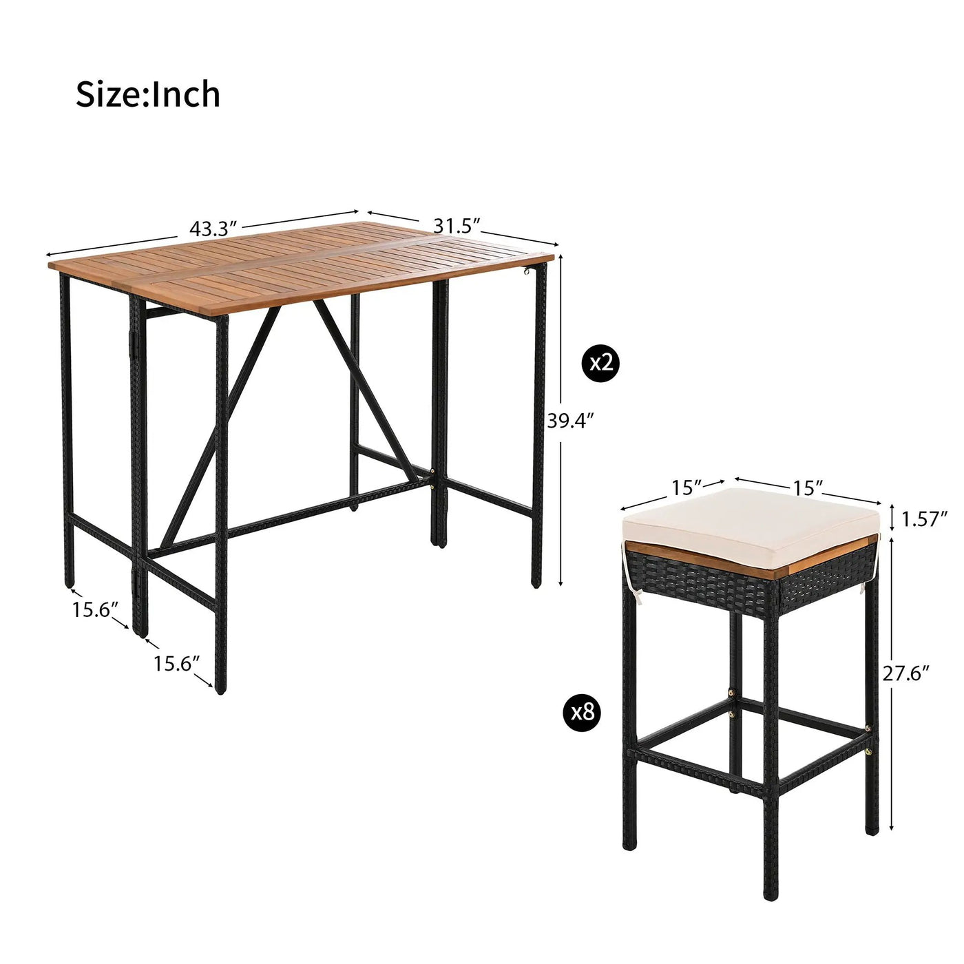 Outdoor Acacia Wood Bar Height Table and Eight Stools with Cushions by HouseOfZazla