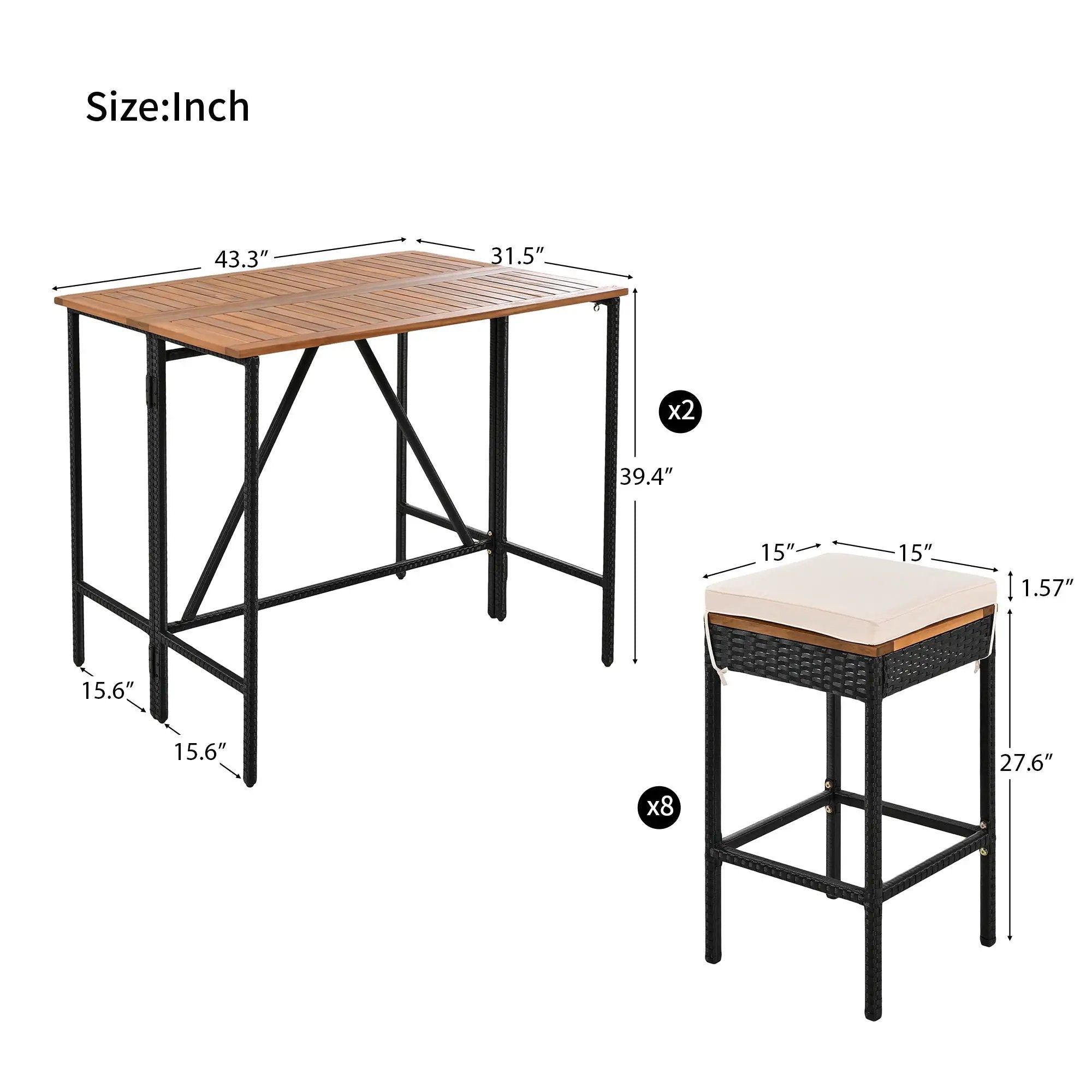 Outdoor Acacia Wood Bar Height Table And Eight Stools With Cushions by Unique Piece Furniture